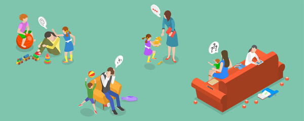 Fototapeta premium 3D Isometric Flat Vector Conceptual Illustration of ADHD Problem, Children with Neurodevelopmental Disorders