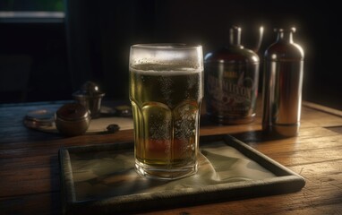 A glass of lager beer on a table in a bar or pub fresh light beer illustration Generative AI