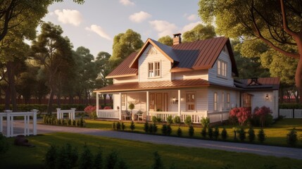 Country exterior house design in daytime golden hour generative ai
