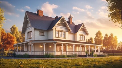 Country exterior house design in daytime golden hour generative ai