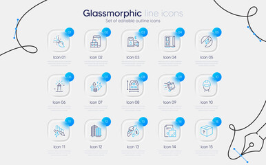 Naklejka premium Set of Filling station, Strategy and Open door line icons for web app. Saving electricity, Mobile inventory, Inventory cart icons. Brush, Petrol station, Electric energy signs. Vector
