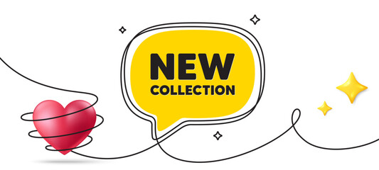 New collection tag. Continuous line art banner. New fashion arrival sign. Advertising offer symbol. New collection speech bubble background. Wrapped 3d heart icon. Vector