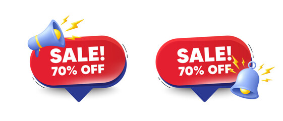 Sale 70 percent off discount. Speech bubbles with 3d bell, megaphone. Promotion price offer sign. Retail badge symbol. Sale chat speech message. Red offer talk box. Vector