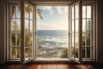 Fototapeta na wymiar Seaside wall mural. Ocean view from bungalow window. Generative AI