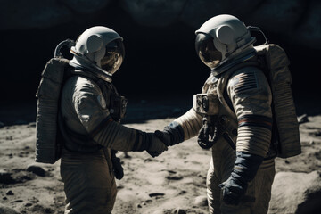 Fototapeta na wymiar Two astronauts shaking hands on the moon. Space treaty.
