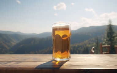 A glass of lager beer on a table on a mountain background fresh light beer illustration Generative AI