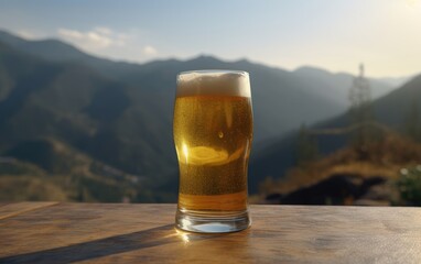 A glass of lager beer on a table on a mountain background fresh light beer illustration Generative AI