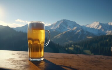 A glass of lager beer on a table on a mountain background fresh light beer illustration Generative AI