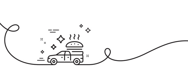 Food delivery line icon. Continuous one line with curl. Pickup transport sign. Restaurant service symbol. Food delivery single outline ribbon. Loop curve pattern. Vector