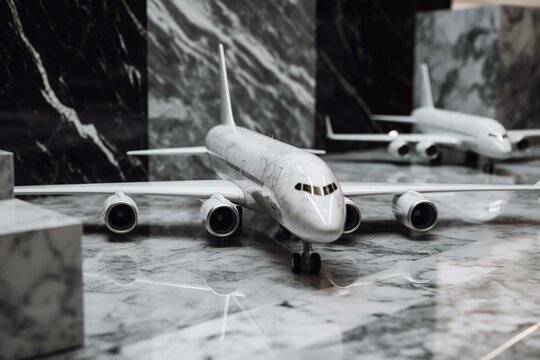 Gray planes on marble. Travel concept. 3D render. Generative AI
