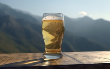 A glass of lager beer on a table on a mountain background fresh light beer illustration Generative AI