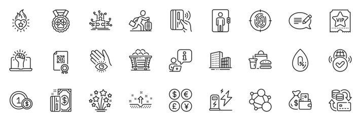 Fototapeta na wymiar Icons pack as Contactless payment, Travel delay and Message line icons for app include Fingerprint, Dog competition, Vip ticket outline thin icon web set. Meditation eye, Money change. Vector