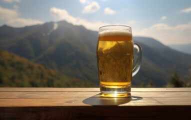 A glass of lager beer on a table on a mountain background fresh light beer illustration Generative AI