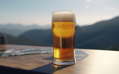 A glass of lager beer on a table on a mountain background fresh light beer illustration Generative AI