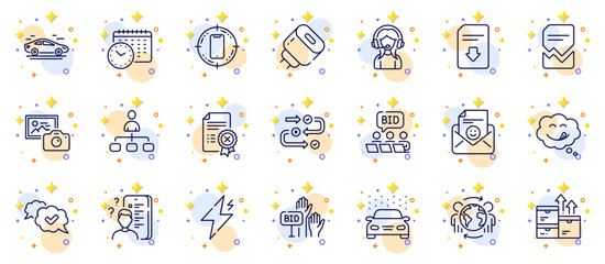 Fototapeta na wymiar Outline set of Global business, Approved and Wholesale goods line icons for web app. Include Survey, Car wash, Smartphone target pictogram icons. Smile, Survey progress, Support signs. Vector