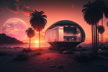 futuristic sunset super computer bungalow hut palm trees AI Generated image