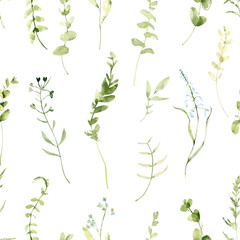 Watercolor greenery seamless pattern. Foliage green print. Green forest leaves png pattern.