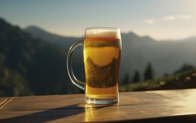 A glass of lager beer on a table on a mountain background fresh light beer illustration Generative AI