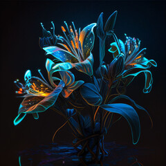 Lily bouquet. Shining magical neon flowers isolated on a black background.