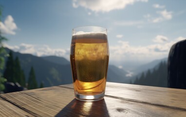 A glass of lager beer on a table on a mountain background fresh light beer illustration Generative AI