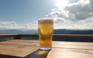 A glass of lager beer on a table on a mountain background fresh light beer illustration Generative AI