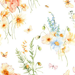 Watercolor floral seamless pattern. Digital png print with field flowers, blossom, greenery, fern leaves, butterflies.
