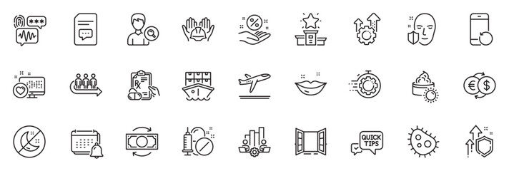 Fototapeta na wymiar Icons pack as Change money, Insomnia and Recovery phone line icons for app include Improving safety, Queue, Notification outline thin icon web set. Shipment, Comments, Money exchange pictogram. Vector