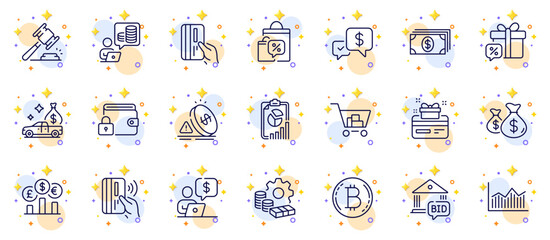 Fototapeta na wymiar Outline set of Internet shopping, Business person and Inflation line icons for web app. Include Banking, Currency rate, Budget accounting pictogram icons. Money diagram, Auction hammer. Vector