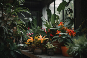 Fototapeta na wymiar Potted tropical plants on a desk inside a greenhouse