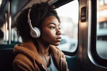 Fototapeta na wymiar young african american woman traveling sitting in a city bus while listening to music with white headphones. Generative AI
