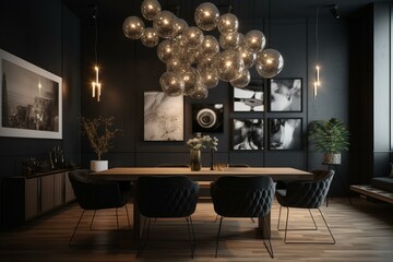 Obraz na płótnie Canvas Contemporary dining space w/ black walls, square art & silver hardware above lounge area. Generative AI