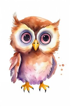 Watercolor cute owl portrait with big eyes. Vector Illustration of woodland animal. Nursery Art. Wall art. Isolated on white background. Generative AI