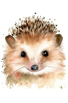 Watercolor cute hedgehog portrait. Vector Illustration. Nursery Art. Wall art. Isolated on white background. Generative AI