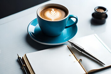 cup of coffee and notebook on a white desk, beautiful lighting, relaxing mood, 4k, ultra high resolution