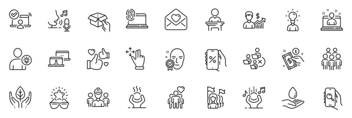 Fototapeta na wymiar Icons pack as Hold box, Education and Engineering team line icons for app include Friendship, Best manager, Like outline thin icon web set. Payment method, Move gesture, Best glasses pictogram. Vector