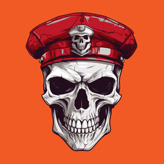 Skull in the hat of the army. Vector illustration on orange background