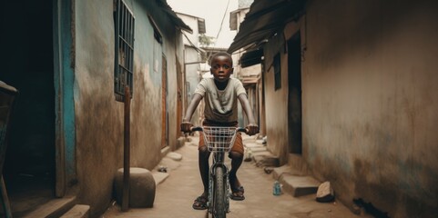 Fototapeta na wymiar City exploration on two wheels: African boy cycling with a VSCO filter, generative ai
