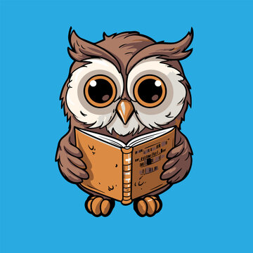 Owl reading a book, cute cartoon character. Vector illustration