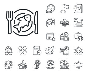 Fish dish sign. Plane jet, travel map and baggage claim outline icons. Seafood line icon. Plate with fork and knife symbol. Seafood line sign. Car rental, taxi transport icon. Place location. Vector