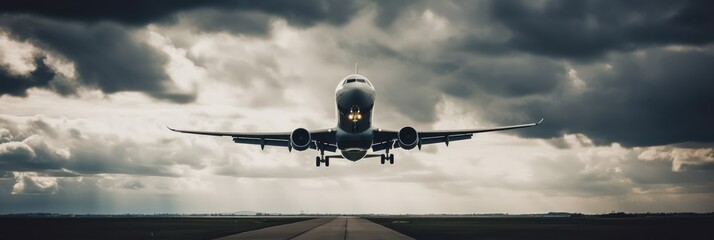Fototapeta na wymiar Modern Passenger airplane flight in sunset panorama. Generative AI