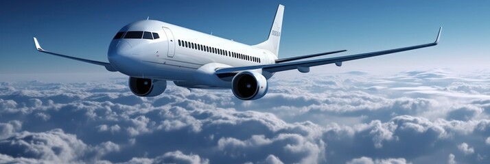 Naklejka premium Realistic photo of a white luxury commercial airplane of generic design flying above the ground. With white clouds on the background. Generative AI