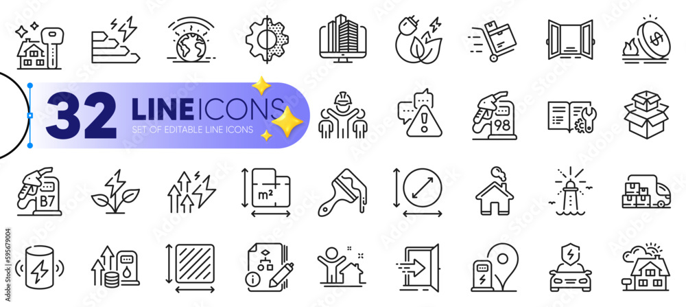 Poster outline set of algorithm, warning and entrance line icons for web with eco power, circle area, fuel 