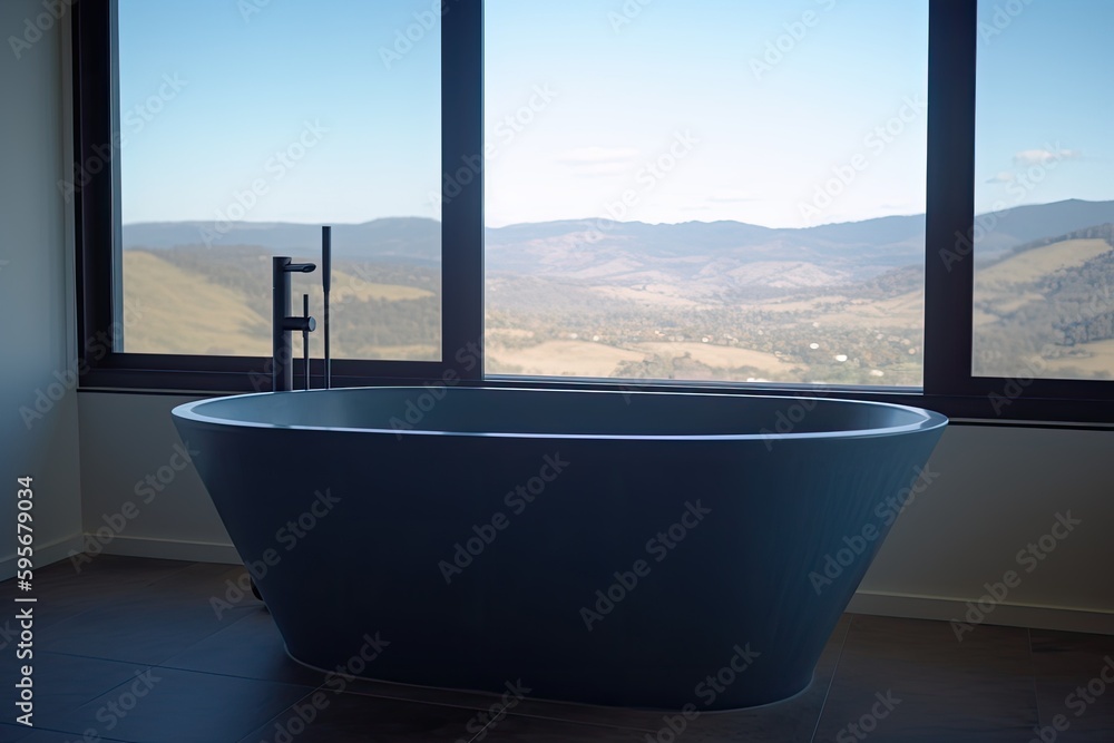 Poster relaxing bathroom with scenic view from a large windo. generative ai