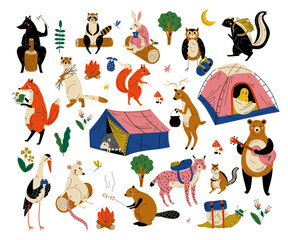 Set of hiking animals characters set. Cute bear, raccoon, owl, fox, rabbit, lynx camping in forest cartoon vector