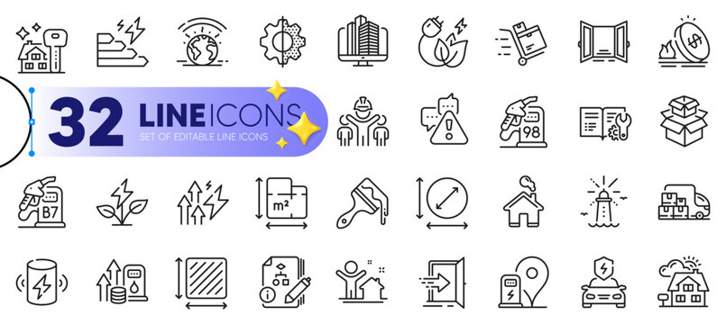 Outline Set Of Algorithm, Warning And Entrance Line Icons For Web With Eco Power, Circle Area, Fuel Price Thin Icon. Transform, Engineering Team, Enterprise Pictogram Icon. Packing Boxes. Vector