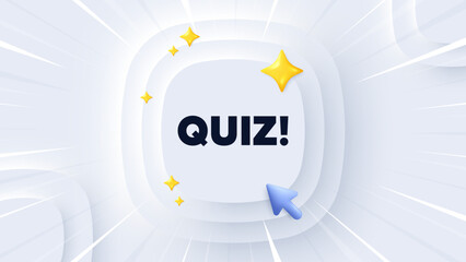 Quiz tag. Neumorphic banner with sunburst. Answer question sign. Examination test symbol. Quiz message. Banner with 3d cursor. Circular neumorphic template. Vector