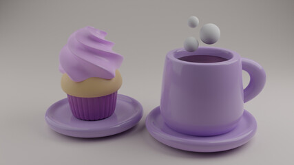 Miniature cup with coffee and muffin/3d render