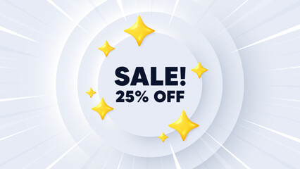 Sale 25 percent off discount. Neumorphic banner with sunburst. Promotion price offer sign. Retail badge symbol. Sale message. Banner with 3d stars. Circular neumorphic template. Vector