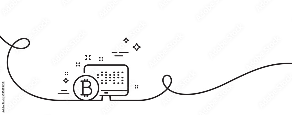Poster bitcoin line icon. continuous one line with curl. cryptocurrency monitor sign. crypto money symbol. 