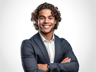 Young business Brazilian man isolated on white background posing with arms and smiling. Generative Ai